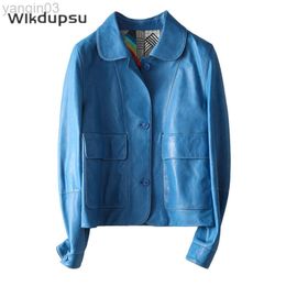 Blue PU Leather Jacket Woman Autumn Winter Streetwear Single Breasted Basic Blazer Coat Female Korean Chic Vintage Jackets Tops L220801