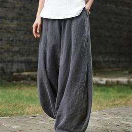 Cotton Linen Bloomers Wide Leg Pant Vintage Full Length Fashion Elegent Solid Elasitic Waist Spring Autumn 5XL 220325