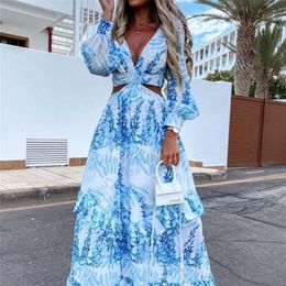 Women Sexy Maxi Dress Summer V Neck Backless Hollow Out Lantern Sleeve Club Party Long Dresses Female Tunic Beach Cover Up 220613