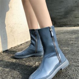 EshtonShero Size 39 Med Heel Platform Boots Women Shoes Spring Winter Fashion Round Toe Zipper Leather Boots Ladies Shoes Blue 201103