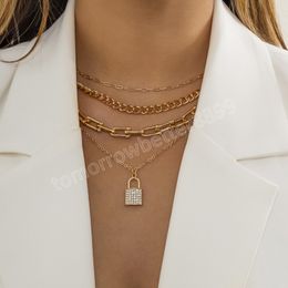 Shiny Crystal Diamond Padlock Pendant Necklace Multilayer Women Gold U Buckle Metal Hollow Clavicle Necklaces Girls Jewellery