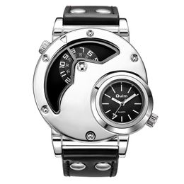 Wristwatches Oulm Arrive Unique Design Male Quartz Watch Two Time Zone Sports Men's Watches PU Leather Casual Men Military WristwatchWri