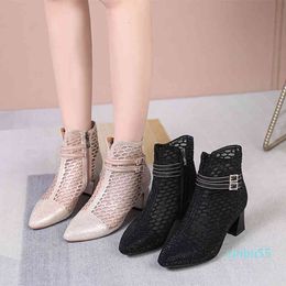 Dress Shoes Short boots women spring and autumn single fashion mother shoes with diamond mesh medium heel frosted coarse hollow out