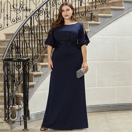 Plus Size Women Dress Mermaid Beaded Half Sleeve O Neck Bodycon Evening Party Dress Ladies Long Formal Dress Vestido De Festa 210319