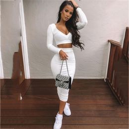 NewAsia Sexy Two Piece Set V neck Long Sleeve Crop Top Skirt Party Clothing s Outfit Women Outfits 2020 LJ201125
