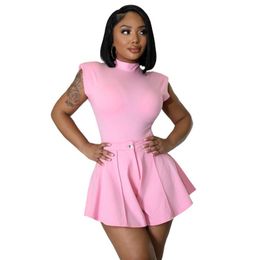 Women's Tracksuits Pieces Set Sexy Summer Fashion Women 2022 Female Tops Pink Black Short Sleeve Tshirt And Elastic Waist Shorts Outfits Sui