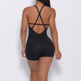 Backless Sports Jumpsuit Woman Lycra Fitness Overalls Shorts Sport Outfit Gym Workout Clothes for Women Sportwear 220428