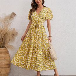 Summer Casual Floral Printed Long Maxi Dress Women Butterfly Short Sleeve Dress Female A Line Dresses With Sashes 220511