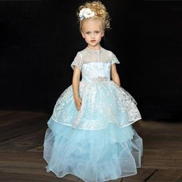 Girl's Dresses Sky BLue Flower Girls 2022 A-Line O-Neck Puffy Wedding Gowns Cute Floor Length Lace Birthday Party With BeltGirl's