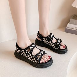 2022 New Fashion Sandals Summer Thick-Soled Personality Enhancement Outdoor Versatile Plaid Comfortable Leisure Shopping Slippers