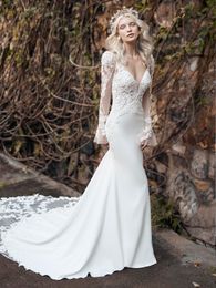 2022 Sexy Backless Boho Mermaid Wedding Dress Long Lace Train Deep V Neck Full Sleeve Country Bridal Gowns Appliqued Beads Satin Bride Dresses
