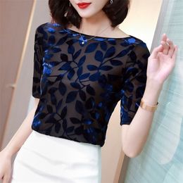 M-3XL Short sleeve Women shirt Fashion Summer Tops style Slash neck Velvet T 220402