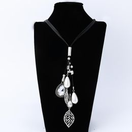 Pendant Necklaces Fashion Pearl Necklace For Women Charm Water Drop Crystal Hollow Leaves Leather Long Chain JewelryPendant