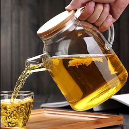 Newest Heat-Resistant Borosilicate Glass Tea Tools Pot Kettle Hot Cold Resistant Dual Use Bamboo Teapot for Coffee shop supplies wholesale