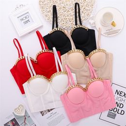 Ins Style Metal Chain Design Ballroom Costume Stage Party Club Push Up Bustier Crop Top Corset Bralette 220316