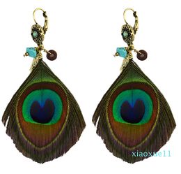 luxury- Bohemian Handmade Green Peacock Tail Feather Drop Dangle Earrings