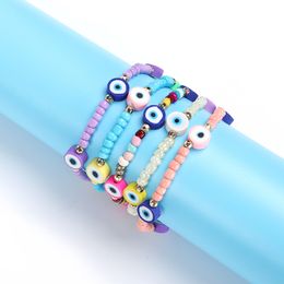 Multicolor Evil Eye Bracelet Set Lover Cute Summer Beach Jewelry Soft Polymer Clay Disc Elastic Bracelets for Women