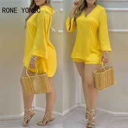 Women Two Piec Set Solid Plain Bell Sleeve V-Neck Top Shorts Set Outfit Summer suit 210331