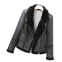 Winter Women Thick Warm Leather Jacket 2021 Motorcycle Coats Faux Leather Turndown Collar Black Leather Jackets Outwear WF169 L220728