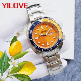 Lively And Refreshing Men's Sports Watch 42mm Round Stainless Steel Blue And Yellow Color Matching Ceramic Bezel Clock Without Digital Calendar Wristwatch