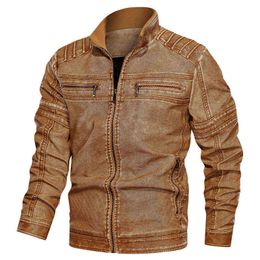 Men Pu Leather Distressed Vintage Retro Motorcycle Jacket Faxu Leather Oversized Biker Moto Jacket Male Casual Yellow Boys Jacket L220725