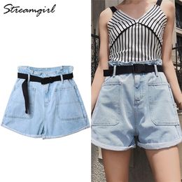 Women s Summer Shorts Denim High Waisted With Belt Loose Short Jeans Women Denim Shorts With Pockets Jeans Short Woman Casual T200701