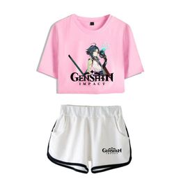 Men's T-Shirts Harajuku Creative Game Genshin Impact Print Two Piece Set Cool Women Sexy Shorts+lovely T-shirt Cute Dew Navel Sport Girl Sui