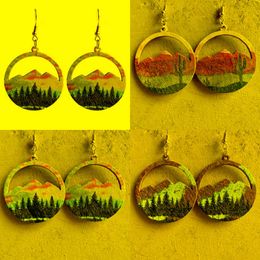 Dangle & Chandelier Mountain Scene Wood Earrings Laser Cutout Round Forest And Cactus Paysage Print Unique Gifts WholesaleDangle