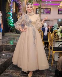 Beaded Muslim champagne Evening Dresses Puff Sleeve Dubai Prom Dress Islamic Gown A Line Formal Gowns