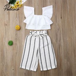 pudcoco 2PCS Toddler Kids Girls Summer Outfits Clothes White Crop Tops Striped Pants Set Fashion Clothing 2 7 Years 220620