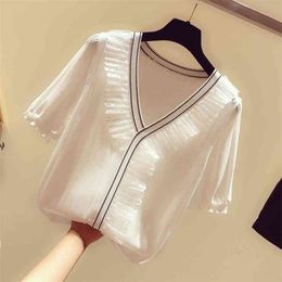 spring summer Ice silk V neck short sleeved sweater bottoming shirt Lotus leaf decoration women s loose thin pullover 210507