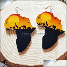 Dangle Chandelier Earrings Jewellery Fashion Wood Africa Maptribal Engraved Tropical Black Women Earring Vintage Retro Wooden African Hiphop