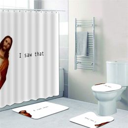Funny Jesus Peeking Shower Curtain Set Joke Peek I Saw That Bathroom Bath Mat Rugs Carpet Bathtub Home Decor 220429