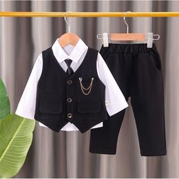 fashion childrens wear baby chain vest gentleman suit boys solid color Tie Shirt three piece formal evening dres 220326