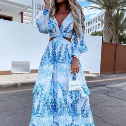 Sexy V-Neck Backless Hollow Out Dress Autumn Women Lantern Sleeve Club Party Long Maxi Dresses Tunic Beach Cover Up A939 220531