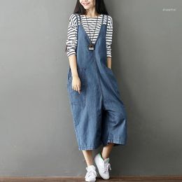 Mori Girl Spring Autumn Women Denim Jumpsuits Loose High Waist Wide Leg Ankle-Length Jeans Solid Washed Female Overalls DC700 Women's & Romp