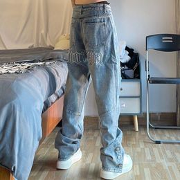 Mens Jeans Y2K Streetwear Vintage Embroidered Low Rise Baggy Pocket Button Grunge Denim Pants Blue For Men Women Plus Size Clothing EUHC
