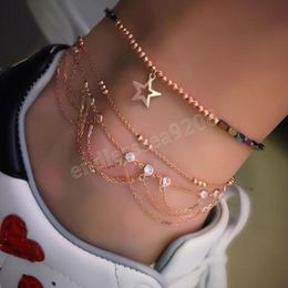 Trendy Simple Multi-layers Star Charm Gold Color Tassel Anklets Leg Foot Bracelets Women Jewelry