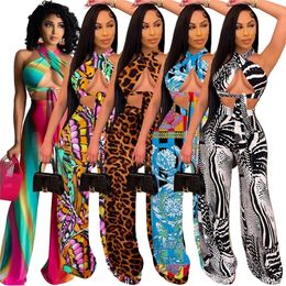 Chic Palazzo Printed Jumpsuits Women Rompers Beautiful Multi Wrap Top And Matching Set 2 Piece Outfits Club Wears 220602