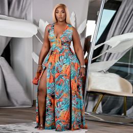 Plus Size Dresses Women Long Dress Print Sleeveless V-neck Hollow Out Bandage Splited Sexy Fashion Summer Outfits