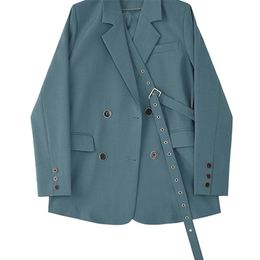 [EAM] Women Blue Button Ribbon Big Size Blazer Lapel Long Sleeve Loose Fit Jacket Fashion Spring Autumn 1Z705 220402