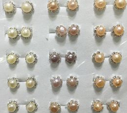 7 crystal natural Freshwater pearl Earrings Ear Studs Mix Colour white purple Pink Lady/girl Fashion Jewellery