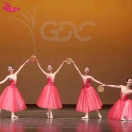 Stage Wear Red Long Ballet Tutu Dress Kids Girls Adult Women Romantic Contemporary Dance Ballerina Costumes