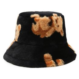 Berets Fashion Autumn Winter Leopard Fur Bucket Hat Bear Ear Ball Plush Fisherman Soft Warm Thick Basin Protection HatsBerets