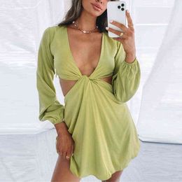 Women Elegant Satin Hollow Out Deep V Neck Sexy Dress 2022 Spring Female Fashion Casual Chic Solid Long Sleeve Party Mini Dress T220818