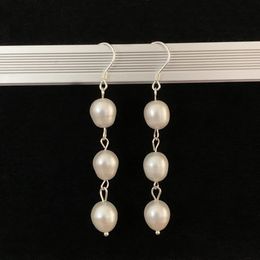 Hand made dangle 7-8mm white freshwater rice pearl drop earrings for women 3pairs/lot fashion jewelry