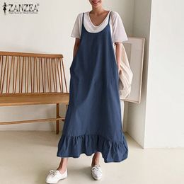 -Fashion Zanzea Frauen Denim Blue Sundure Summer Vintage Rüschen lässige Gurte Solid Midi Vestidos Sarafans Overalls Kleid S 220526
