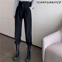 YUANYUANJYCO Spring Autumn Women Long Casual Harem Pants Korean Style Fashion High Waist Buttons Khaki Black Cargo Trousers 220812