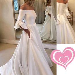 Elegant A Line Wedding Dress Custom Made 2022 Off Shoulder Satin Court Train Bridal Gowns Buttons Back Plus Size Wedding Dresses