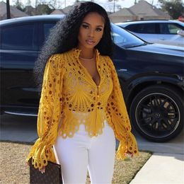 Elegant Long Sleeve Hollow Out Mesh Lace Shirt Sheer See Through Top Blouse Clothing Dashiki African Shirts For Women 220727